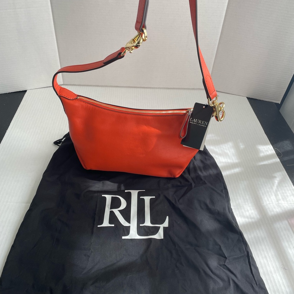 NWT RALPH LAUREN  Kassie medium leather convertible shoulder bag fall orange